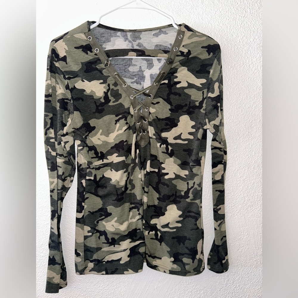 Camo Lace-Up Long Sleeve Top